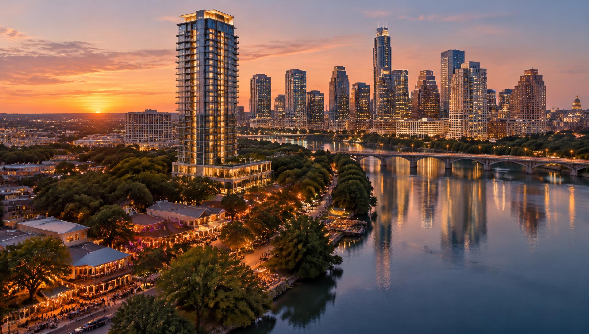 Rainey Street and downtown Austin at twilight