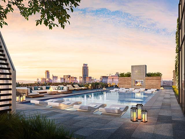Rooftop pool deck at night